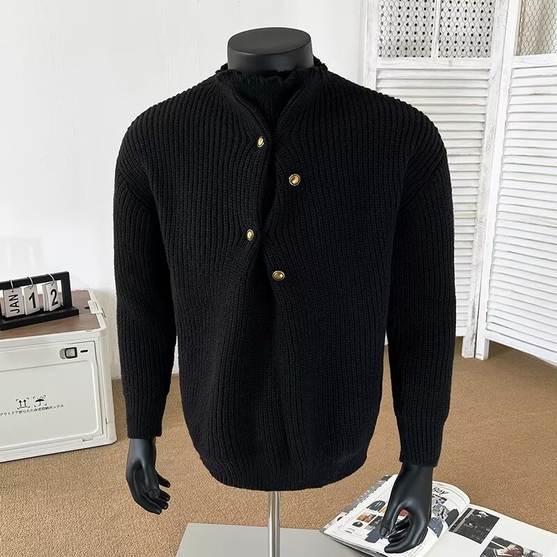 Muški džemper širokog kroja, vintage pleteni, s poluturtleneckom i nepravilnim dizajnom kopči, poliester mješavina