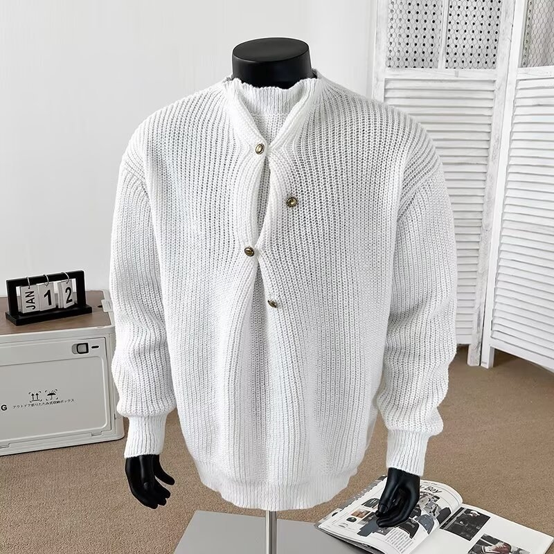 Muški džemper širokog kroja, vintage pleteni, s poluturtleneckom i nepravilnim dizajnom kopči, poliester mješavina
