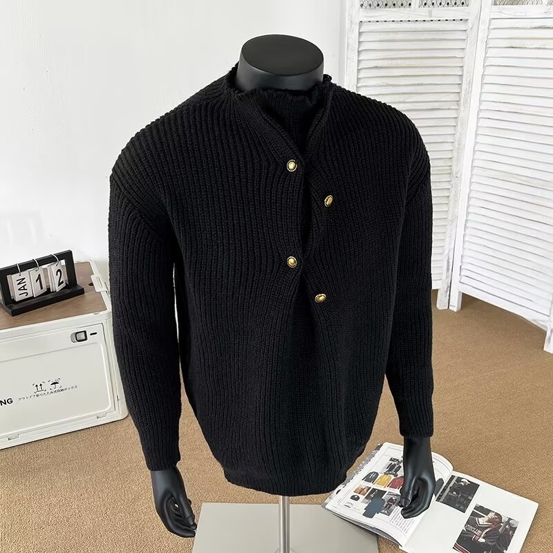 Muški džemper širokog kroja, vintage pleteni, s poluturtleneckom i nepravilnim dizajnom kopči, poliester mješavina