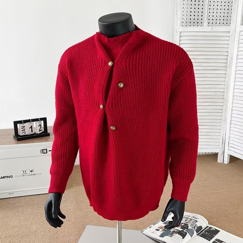 Muški džemper širokog kroja, vintage pleteni, s poluturtleneckom i nepravilnim dizajnom kopči, poliester mješavina