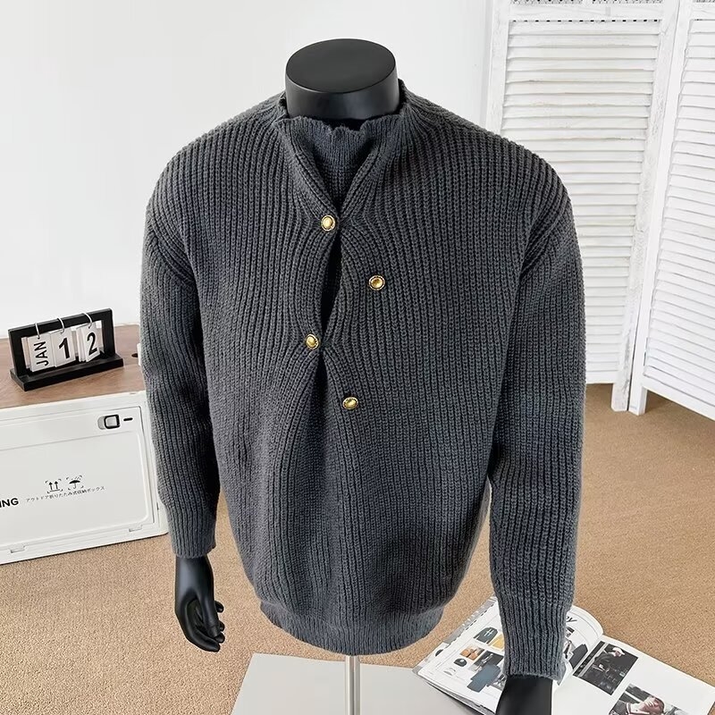 Muški džemper širokog kroja, vintage pleteni, s poluturtleneckom i nepravilnim dizajnom kopči, poliester mješavina