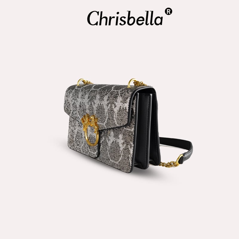 Crossbody torba s lancem i kristalima, retro naglasak, PU materijal, kvadratna mala torba, proljeće 2025, svakodnevna upotreba
