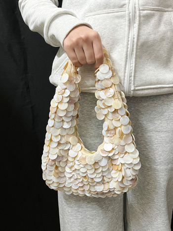 Ručni nizani torbica od školjke s Mother-of-Pearl, ovalni oblik, zatvarač, džep za telefon, podstava od poliestera