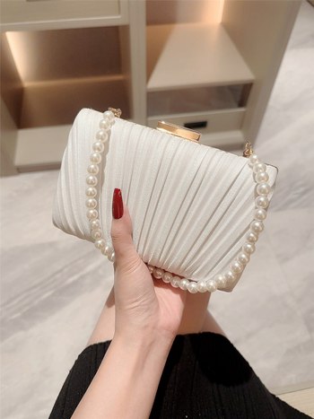 Plisirana kvadratna večernja torbica s perlovanim lancem, clutch za vjenčanja
