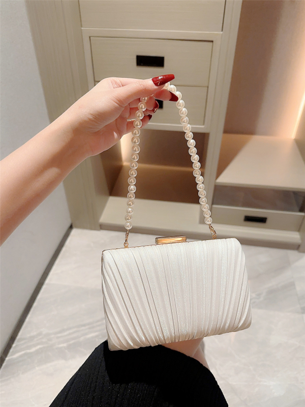 Plisirana kvadratna večernja torbica s perlovanim lancem, clutch za vjenčanja