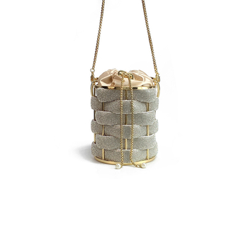 Ženska bucket torba od akrila, cilindrični oblik, zatvaranje šnurnom, unutarnji džepovi za telefon i ID, podstava od poliestera