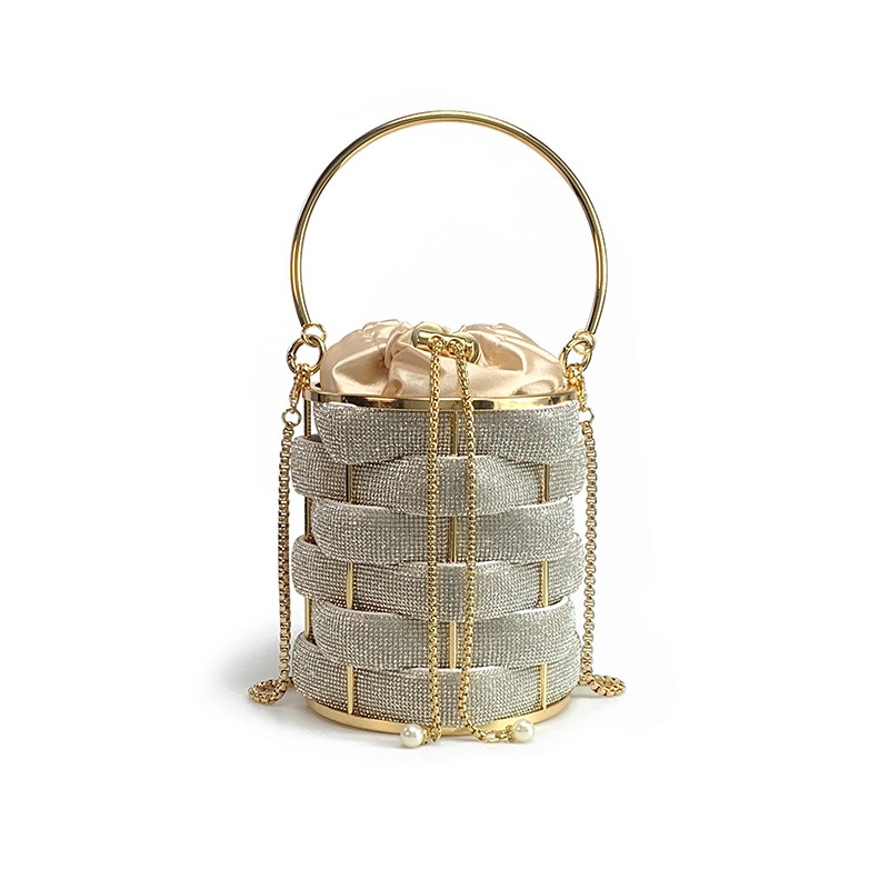 Ženska bucket torba od akrila, cilindrični oblik, zatvaranje šnurnom, unutarnji džepovi za telefon i ID, podstava od poliestera