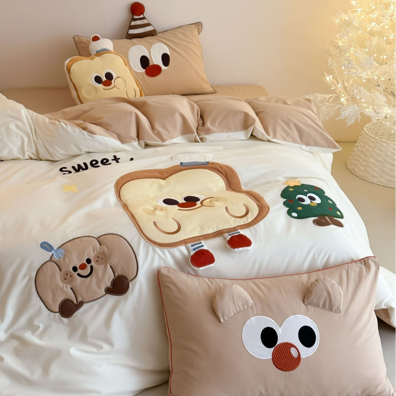 Koreai stílusú cartoon hímzett 100% pamut ágyneműkészlet, négy darabos, reaktív nyomtatás, súly 800-1000 g