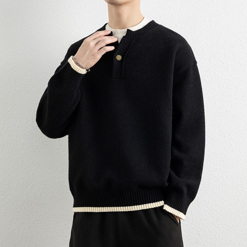 Férfi Henley galléros vastag kötött pulóver jacquard mintával, Modal-Poliészter keverék, két darabos készlet