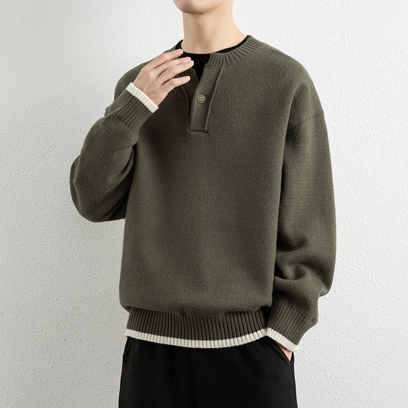 Férfi Henley galléros vastag kötött pulóver jacquard mintával, Modal-Poliészter keverék, két darabos készlet