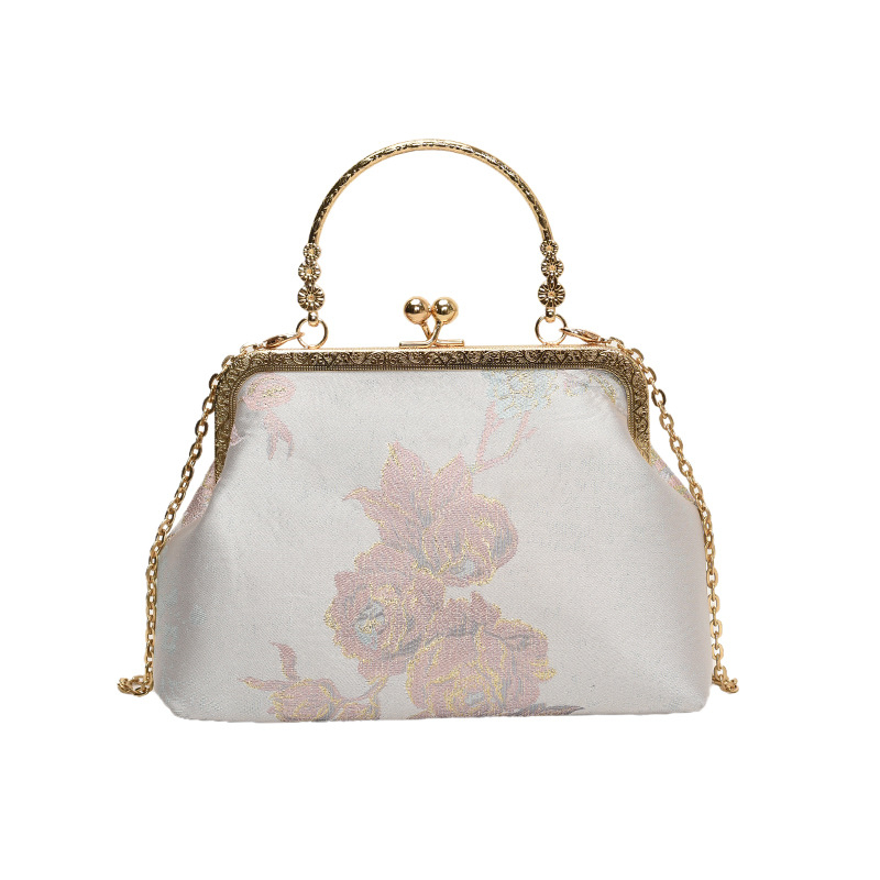 Cheongsam-stílusú hímzett selyemtáska egyetlen vállpánttal, kagyló alakú siluett, nemzeti művészeti stílus (Selyem; Nyitott felső rész; Poliészter bélés)