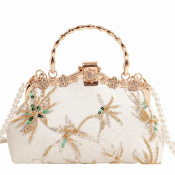 Torba u obliku školjke s beaded izvezom i kristalima — novi kineski stil, čipkasti materijal, večernja crossbody torba, unutarnji džep sa zatvaračem i džep za telefon, zaključavanje na bravu, izlazi 2025. Jesen