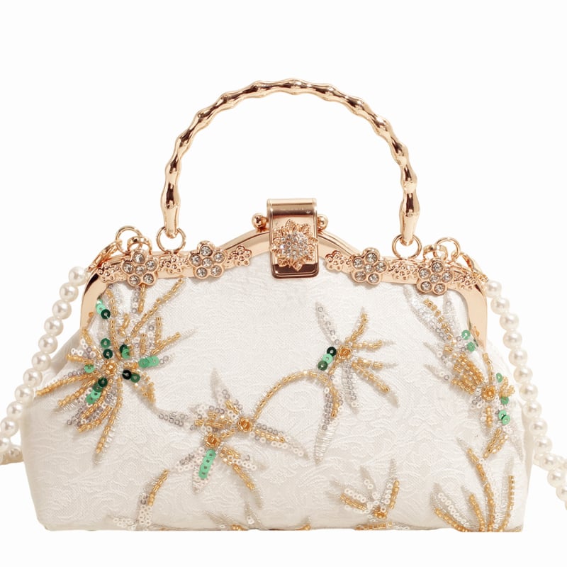 Torba u obliku školjke s beaded izvezom i kristalima — novi kineski stil, čipkasti materijal, večernja crossbody torba, unutarnji džep sa zatvaračem i džep za telefon, zaključavanje na bravu, izlazi 2025. Jesen