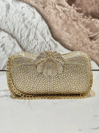 Gyémántokkal díszített estélyi táska, poliészter külső és bélés, párnázott alak, záródás, telefontartó zseb
