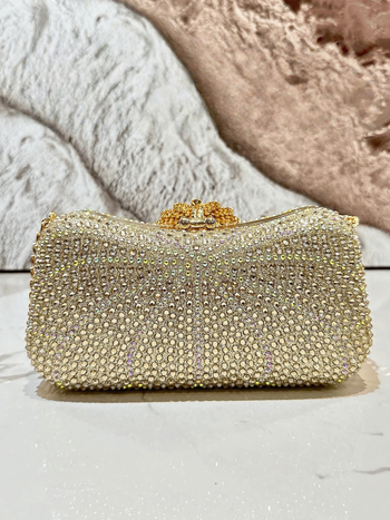Gyémántokkal díszített estélyi táska, poliészter külső és bélés, párnázott alak, záródás, telefontartó zseb