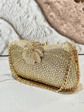 Gyémántokkal díszített estélyi táska, poliészter külső és bélés, párnázott alak, záródás, telefontartó zseb