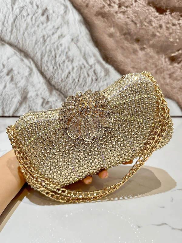 Gyémántokkal díszített estélyi táska, poliészter külső és bélés, párnázott alak, záródás, telefontartó zseb