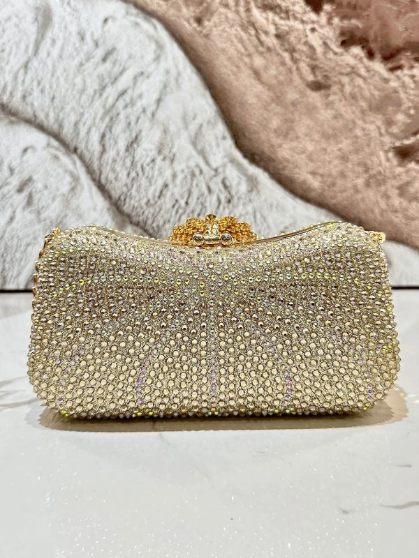 Gyémántokkal díszített estélyi táska, poliészter külső és bélés, párnázott alak, záródás, telefontartó zseb