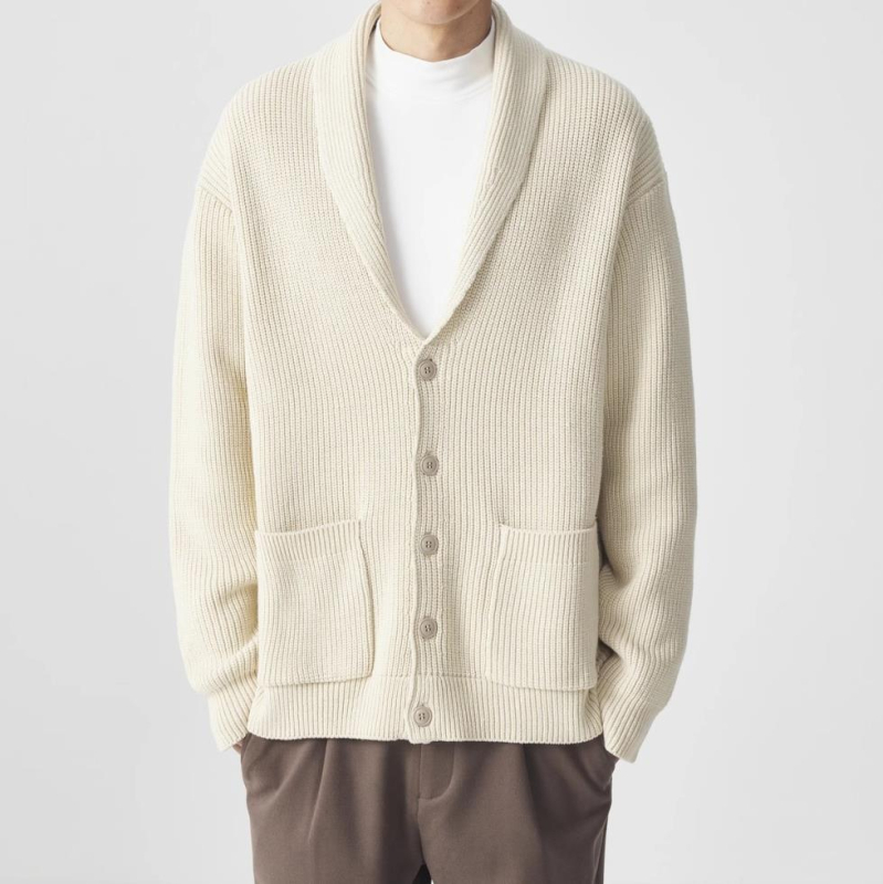 Férfi kötött kardigán minimalista dizájnnal, laza szabás, hosszú ujjú, pamutkeverék anyag