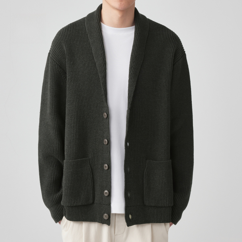 Férfi kötött kardigán minimalista dizájnnal, laza szabás, hosszú ujjú, pamutkeverék anyag