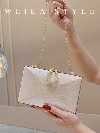 Női estélyi táska kemény héjjal és zár kristályokkal, doboz alakú, PU anyag, keresztpánt, poliészter bélés