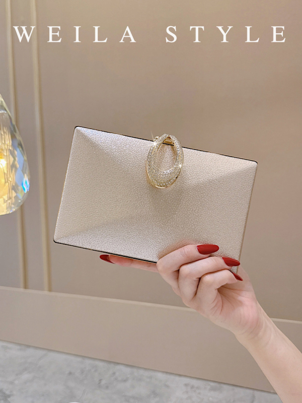 Női estélyi táska kemény héjjal és zár kristályokkal, doboz alakú, PU anyag, keresztpánt, poliészter bélés