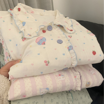 Ženski pamukasti set pidžama s čipkastim dugim rukavima, sladak stil, lagani materijal, kućna odjeća