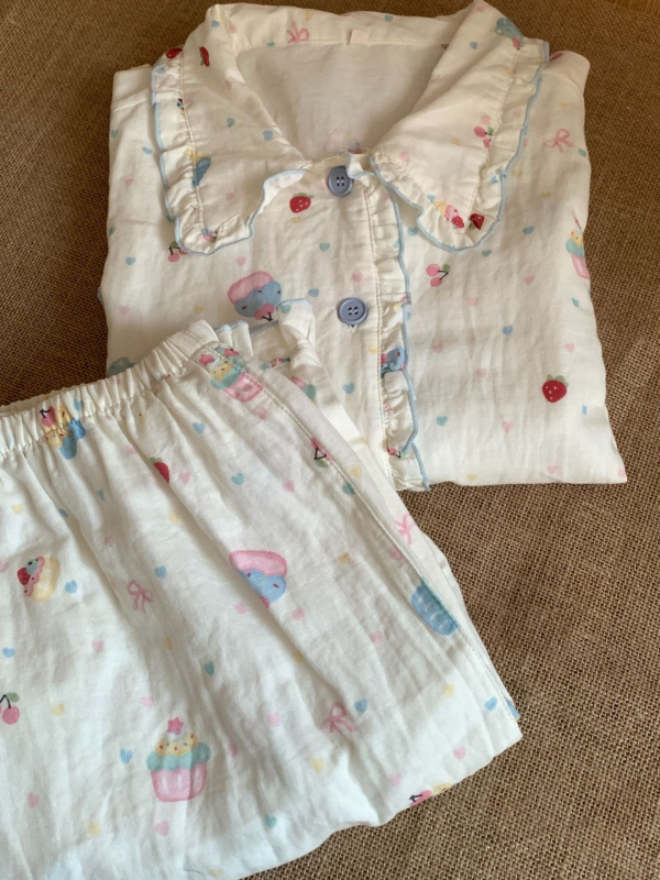 Ženski pamukasti set pidžama s čipkastim dugim rukavima, sladak stil, lagani materijal, kućna odjeća