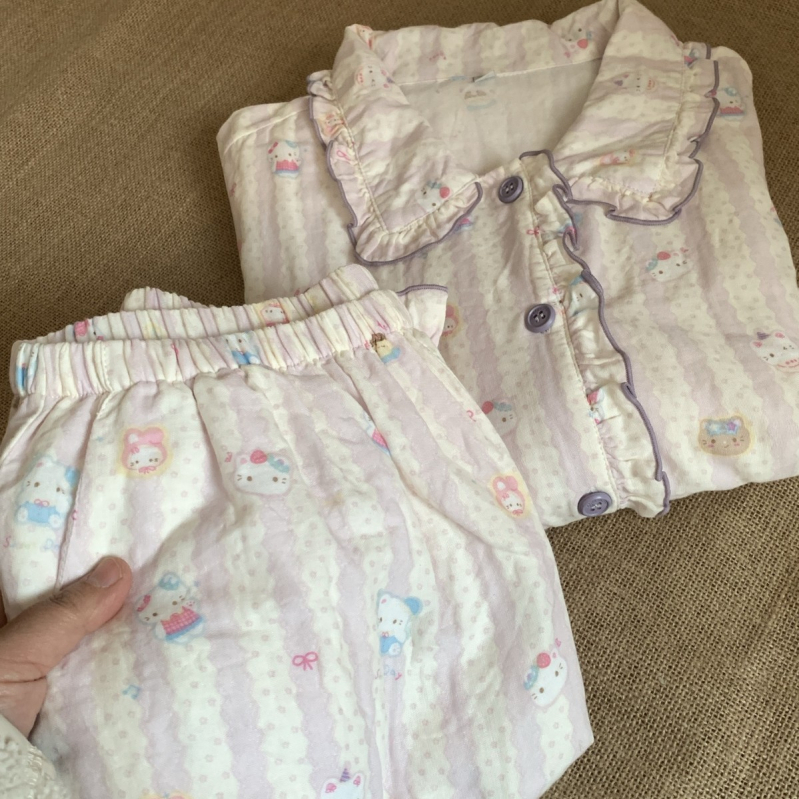 Ženski pamukasti set pidžama s čipkastim dugim rukavima, sladak stil, lagani materijal, kućna odjeća