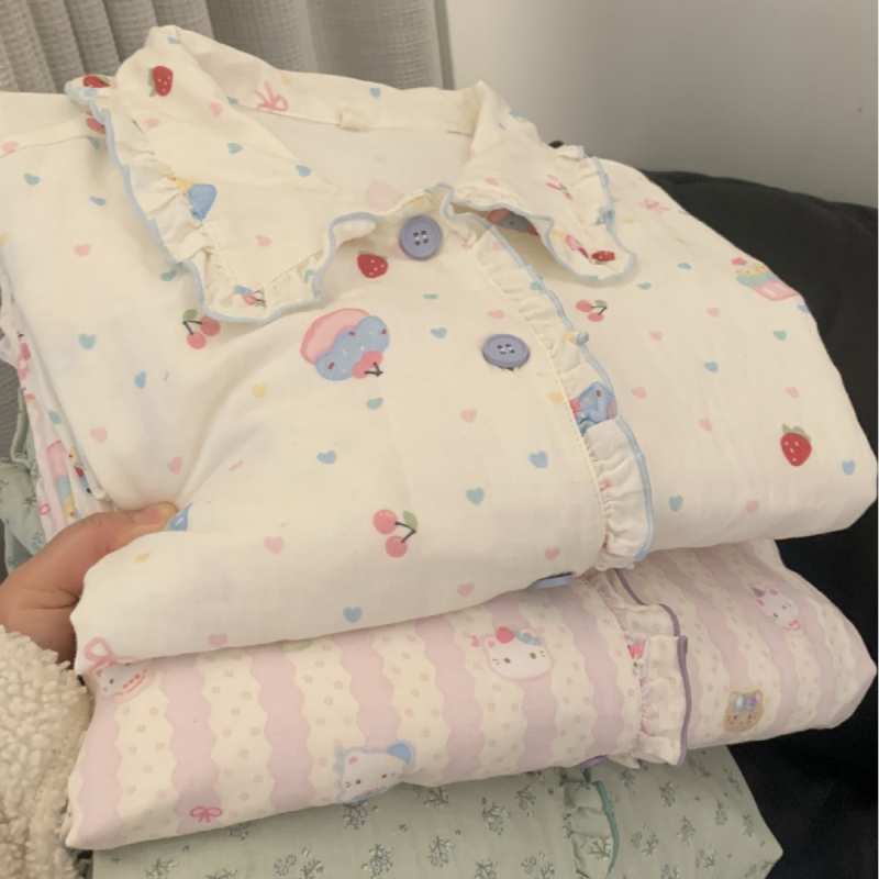 Ženski pamukasti set pidžama s čipkastim dugim rukavima, sladak stil, lagani materijal, kućna odjeća