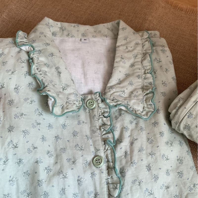 Ženski pamukasti set pidžama s čipkastim dugim rukavima, sladak stil, lagani materijal, kućna odjeća