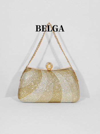 Estélyi box-klutch gyémántdíszítéssel (akril, vízszintes négyzetes forma, záras zárás, belső zsebek telefonra és dokumentumokra, poliészter bélés)