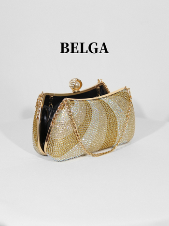 Estélyi box-klutch gyémántdíszítéssel (akril, vízszintes négyzetes forma, záras zárás, belső zsebek telefonra és dokumentumokra, poliészter bélés)