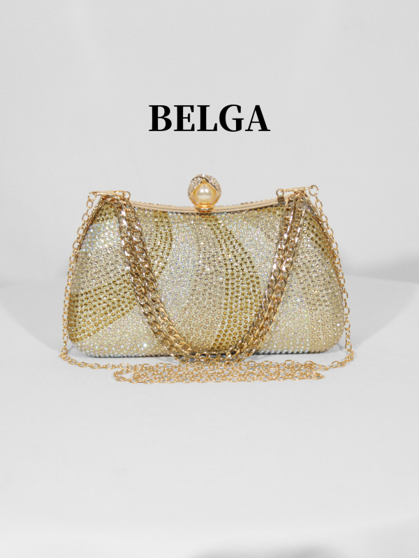 Estélyi box-klutch gyémántdíszítéssel (akril, vízszintes négyzetes forma, záras zárás, belső zsebek telefonra és dokumentumokra, poliészter bélés)