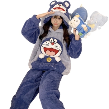 Crayon Shin-Chan női pizsama, plüss anyag, vastagított, 251-300 g/m², gallér nélküli, hosszú ujjú, hosszú nadrág