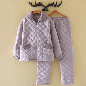 Női korall bársony steppelt pizsamaszett téli változatban, gallérral, hosszú ujjú, nadrágos, 100% poliészter, külső viseletre alkalmas