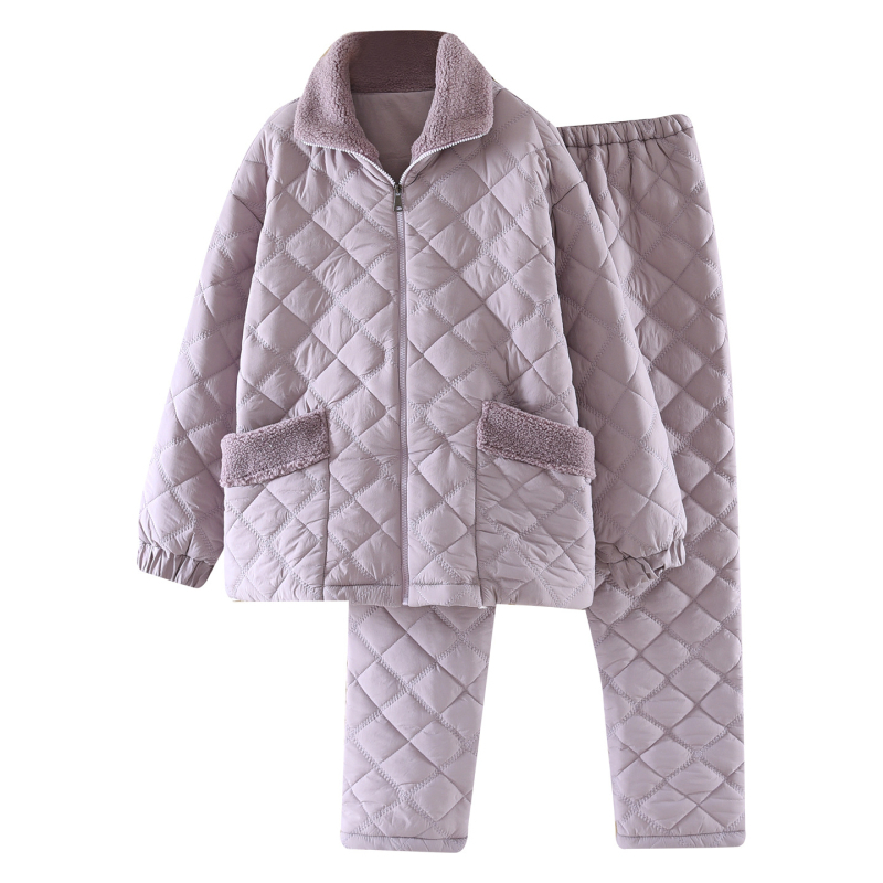 Női korall bársony steppelt pizsamaszett téli változatban, gallérral, hosszú ujjú, nadrágos, 100% poliészter, külső viseletre alkalmas