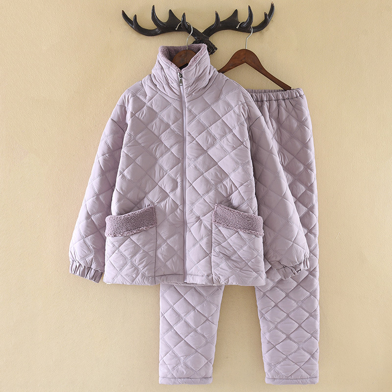 Női korall bársony steppelt pizsamaszett téli változatban, gallérral, hosszú ujjú, nadrágos, 100% poliészter, külső viseletre alkalmas