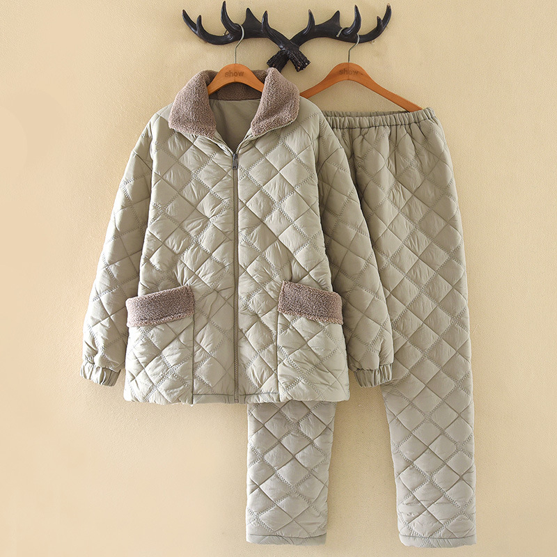 Női korall bársony steppelt pizsamaszett téli változatban, gallérral, hosszú ujjú, nadrágos, 100% poliészter, külső viseletre alkalmas