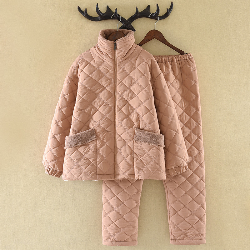 Női korall bársony steppelt pizsamaszett téli változatban, gallérral, hosszú ujjú, nadrágos, 100% poliészter, külső viseletre alkalmas