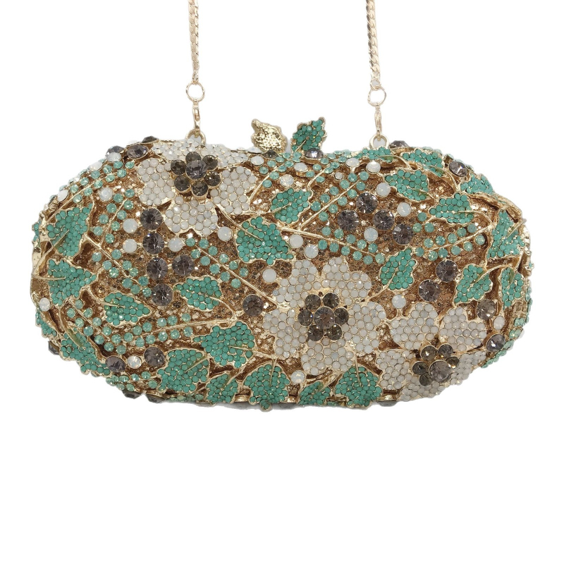 Klúdtáska gyémántos kövekkel, háromdimenziós virág alakú, ötvözet test, belső bélés: szintetikus bőr, mágneszár