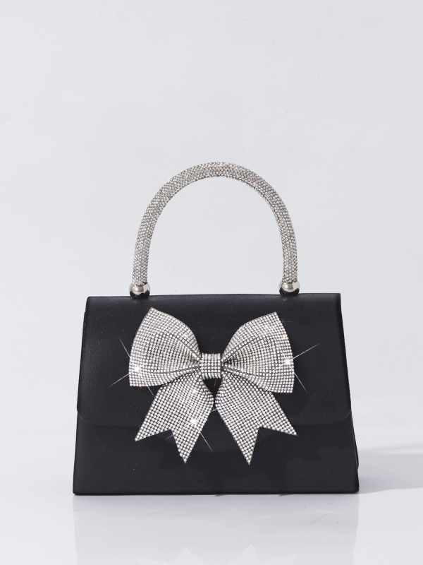 Gyémánttal díszített masnival készült estéti kézitáska, boríték-stílusú, vízszintes négyzetes forma, fedél nyitás, belső dokumentumrekesz.