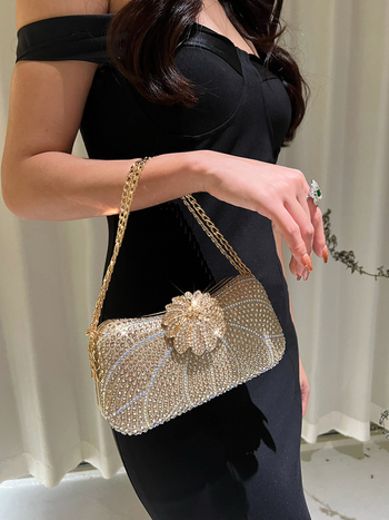 PU gyémántokkal díszített esti clutch, kis négyszögletes táska poliészter béléssel, merev keret