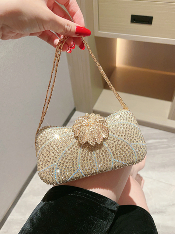 PU gyémántokkal díszített esti clutch, kis négyszögletes táska poliészter béléssel, merev keret