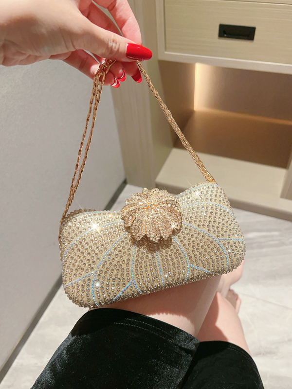 PU gyémántokkal díszített esti clutch, kis négyszögletes táska poliészter béléssel, merev keret