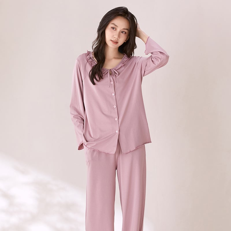 Női modal pizsama készlet kardigánnal, kerek nyakú felsővel, hosszú ujjú és hosszú nadrággal, lélegző és kényelmes otthoni viselet