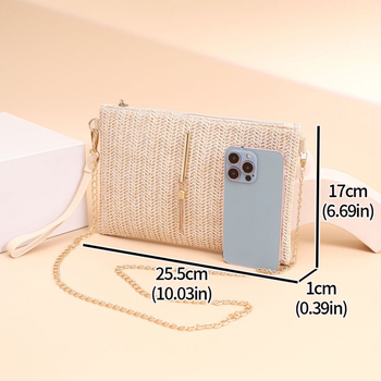 Szalmából készült fonott crossbody táska telefontartó zsebbel, cipzáras záródás, poliészter bélés, vízszintes négyzet alakú forma