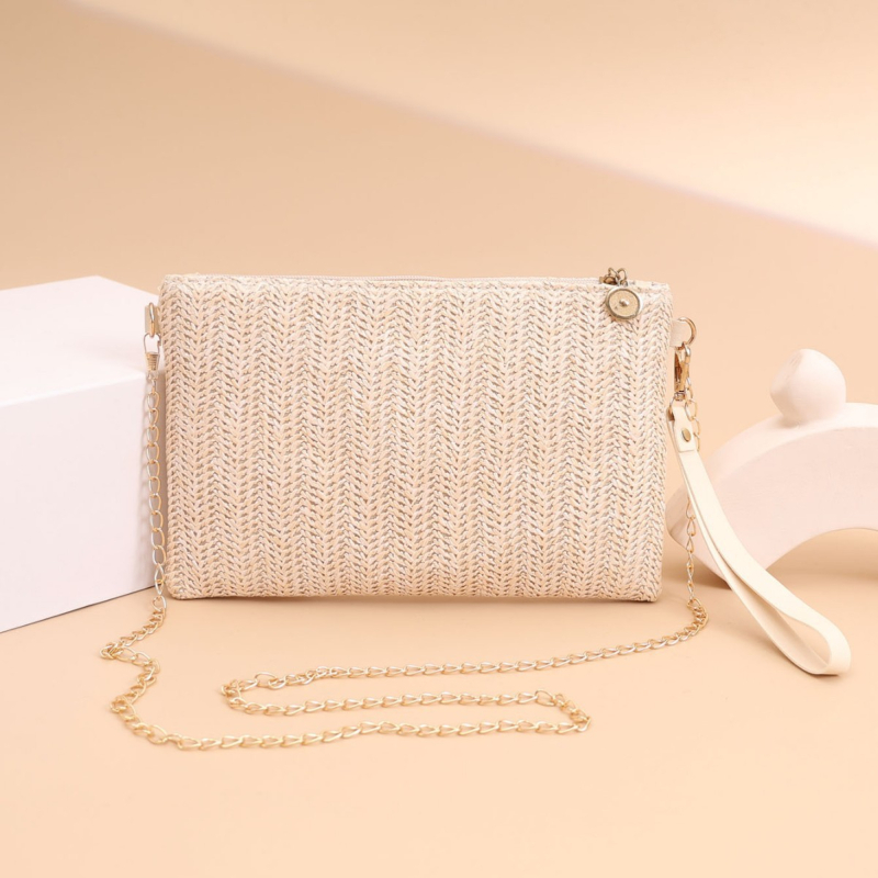 Szalmából készült fonott crossbody táska telefontartó zsebbel, cipzáras záródás, poliészter bélés, vízszintes négyzet alakú forma