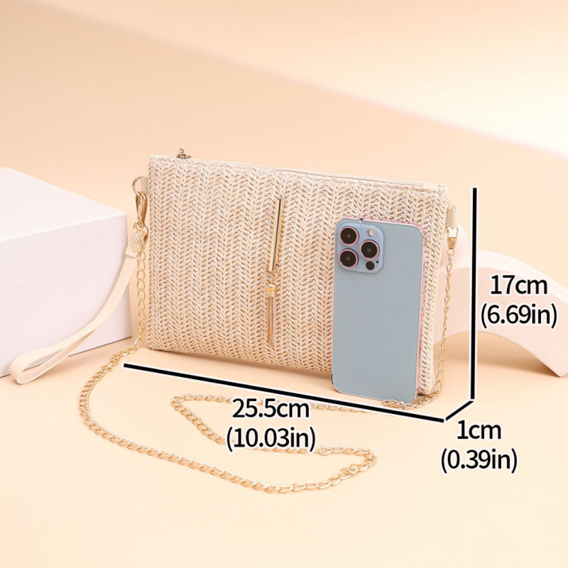 Szalmából készült fonott crossbody táska telefontartó zsebbel, cipzáras záródás, poliészter bélés, vízszintes négyzet alakú forma