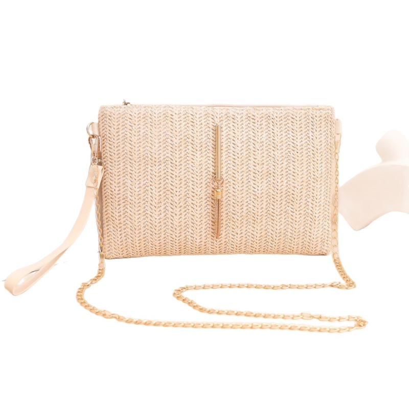 Szalmából készült fonott crossbody táska telefontartó zsebbel, cipzáras záródás, poliészter bélés, vízszintes négyzet alakú forma